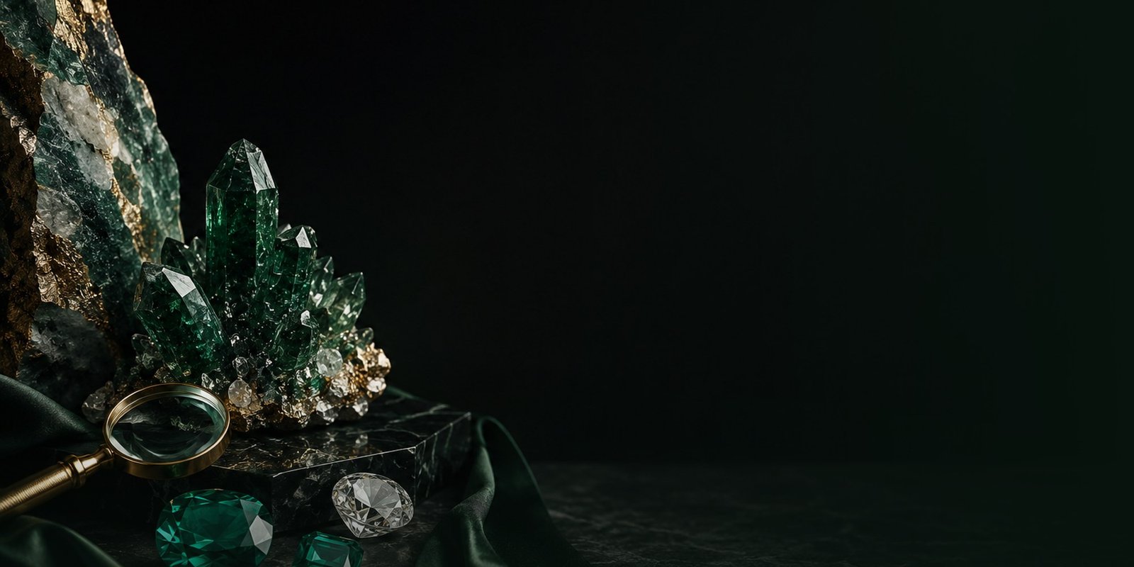 Emerald crystals on dark marble beside a loupe and loose cut stones