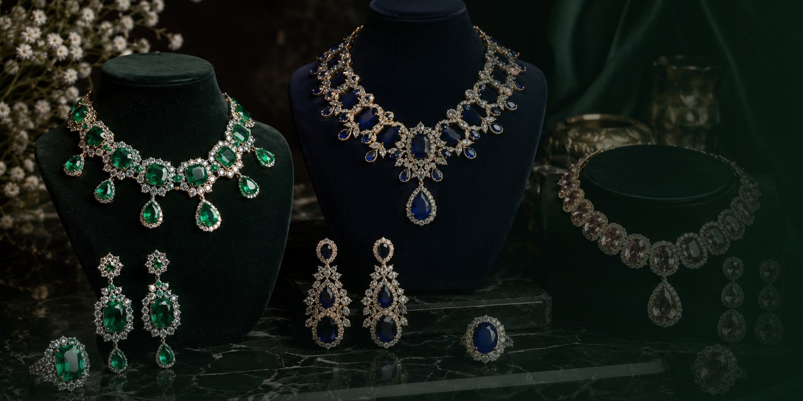 An emerald and diamond suite photographed on dark green velvet