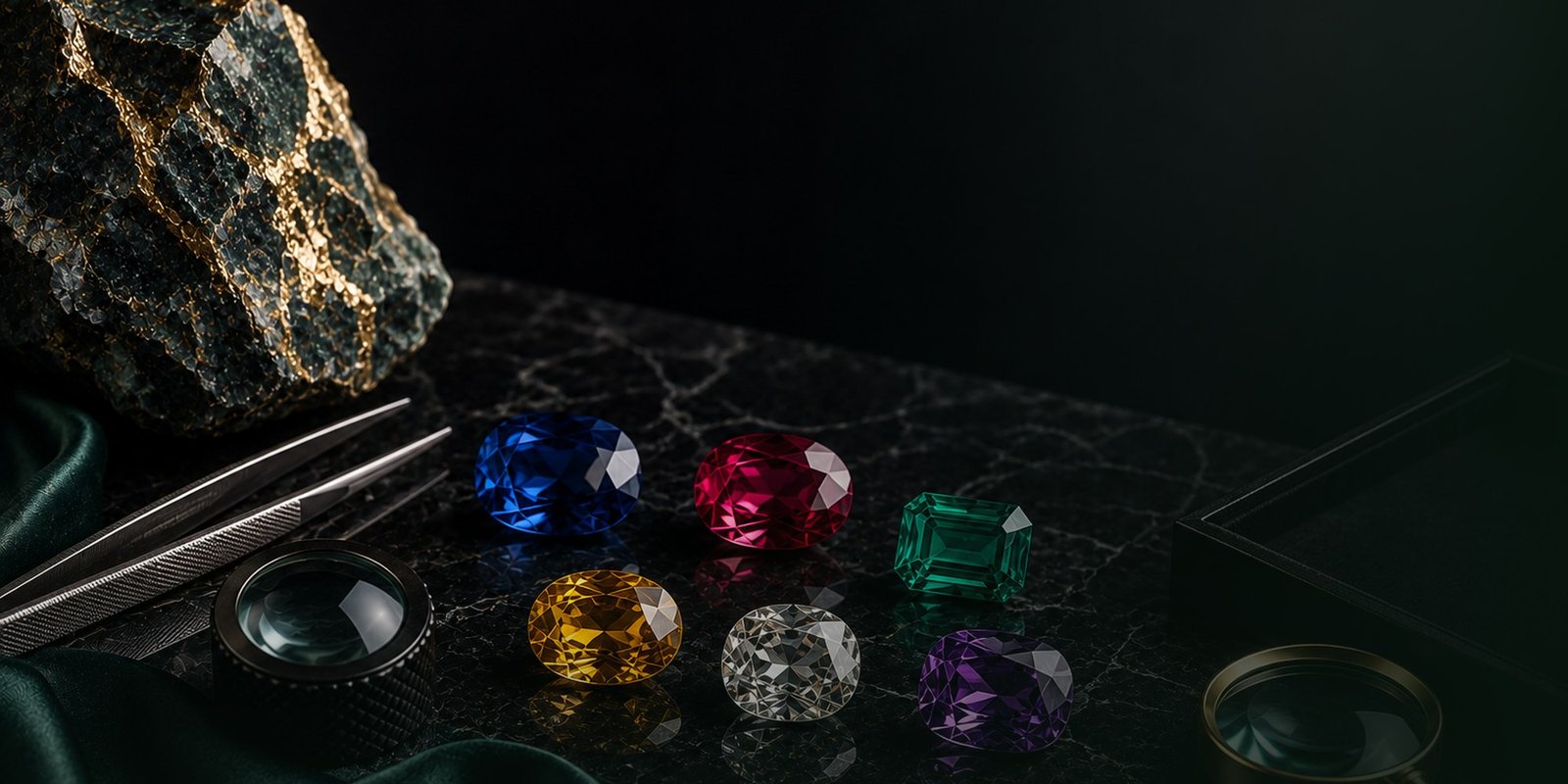 Loose cut stones laid out on dark marble beside a loupe and tweezers