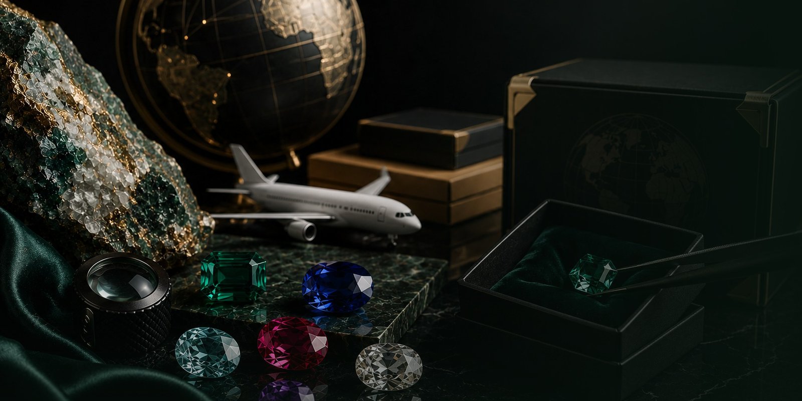 A cut emerald boxed for despatch beside a globe and a model aircraft