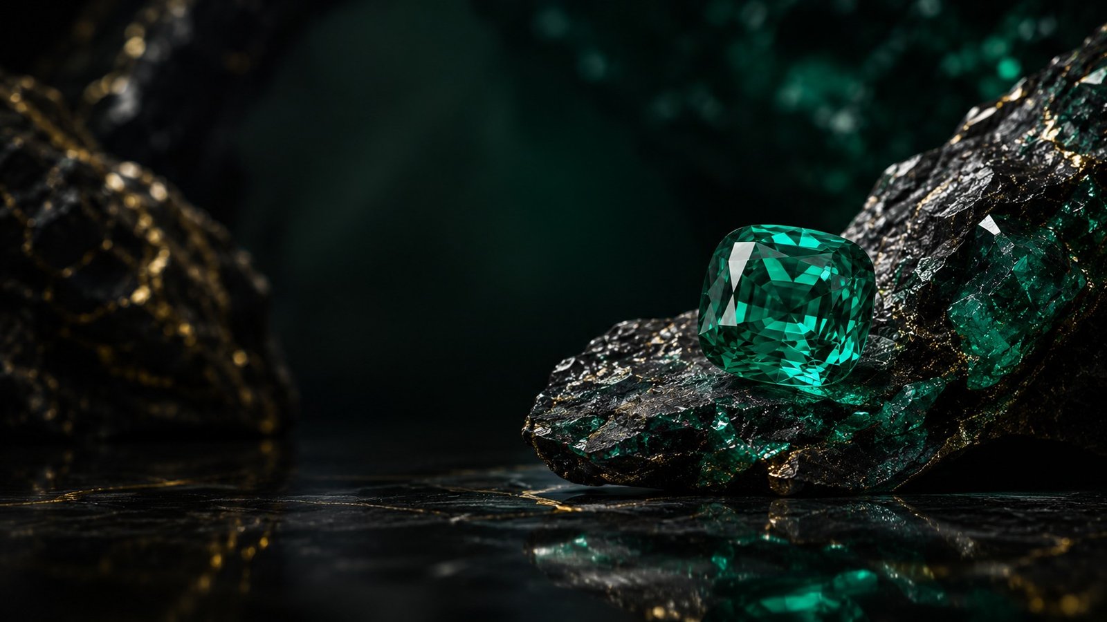 A cushion-cut emerald resting on gold-veined rock in low light