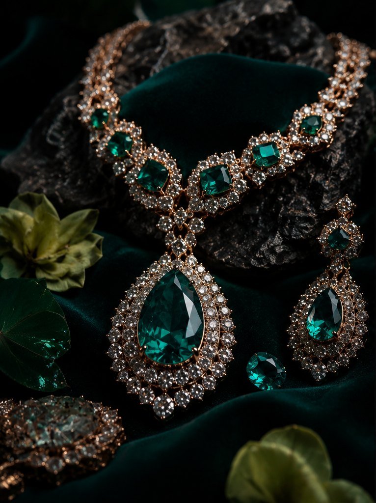 Emerald and diamond necklace with matching earrings on dark green velvet